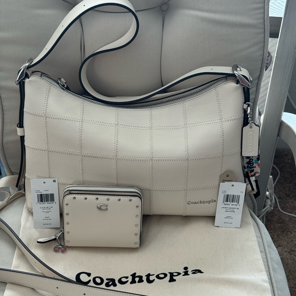 Coach Alter Ego Slouchy Shoulder Bag & Studded Wallet + Charm in Chalk Leather